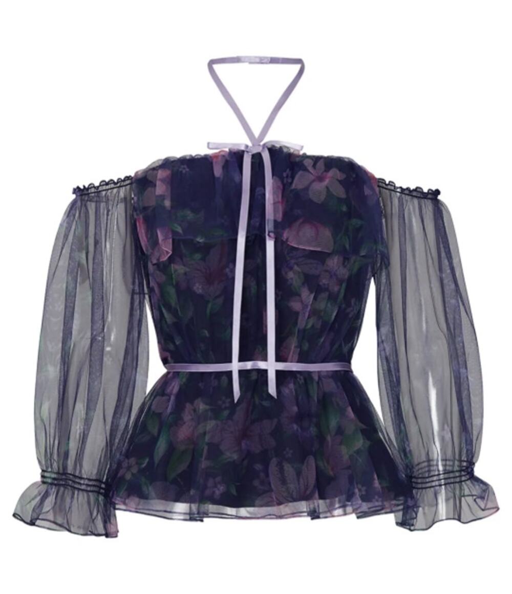 Marchesa Notte Floral Mesh Tulle Ribbon Off The Shoulder Top Navy Size 8